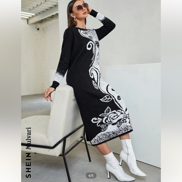 Mulvari Floral Pattern Colour block White Black Sweater Dress Sz M NWOT - Picture 4 of 8